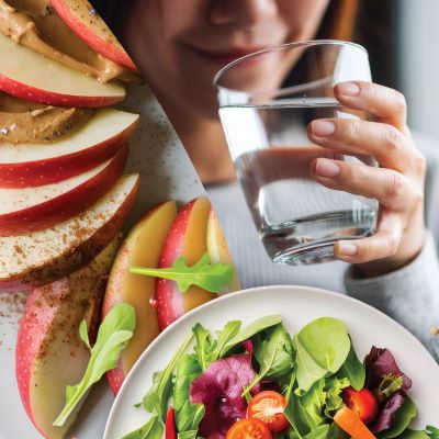 Collage of apple slices, a salad and a person drinking a glass of water