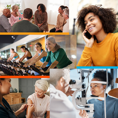 Collage of people working out, in therapy, on a call, getting a vaccination, at the eye doctor