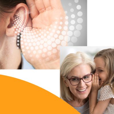 Hand cupping behind an ear and a girl whispering into someone's ear