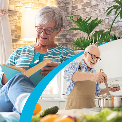 Collage of person reading a book and a person cooking