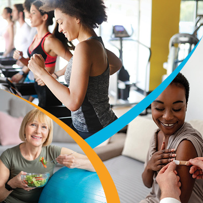Collage of people exercising, eating a salad and getting a vaccination