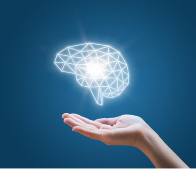 Glowing brain with hand under